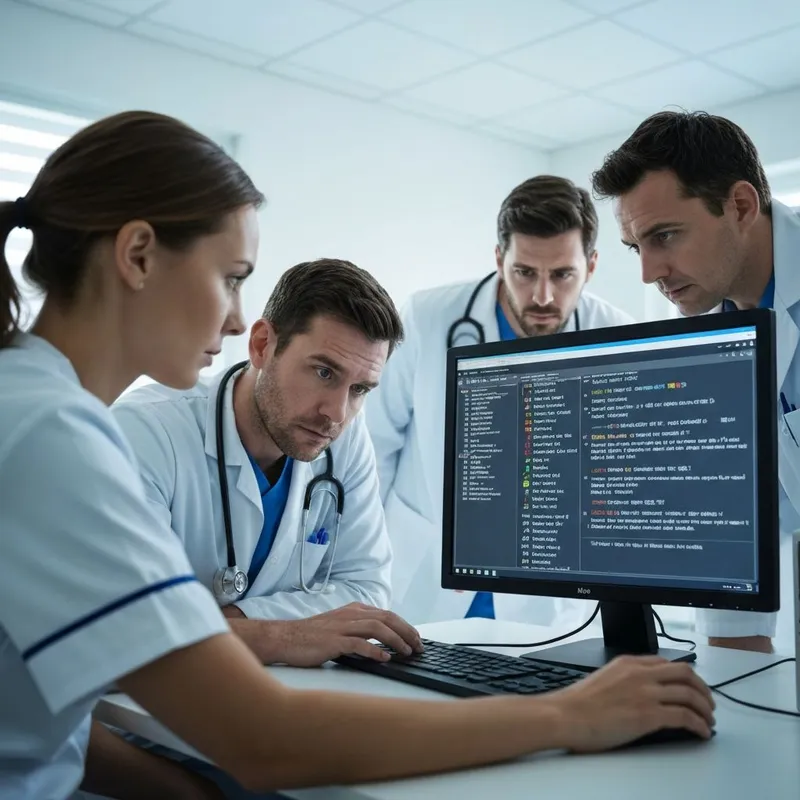 Stressed healthcare team looking at computer